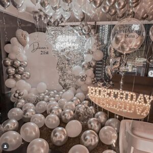 Silver Glamour 21st Birthday Hotel Room Balloon Decoration